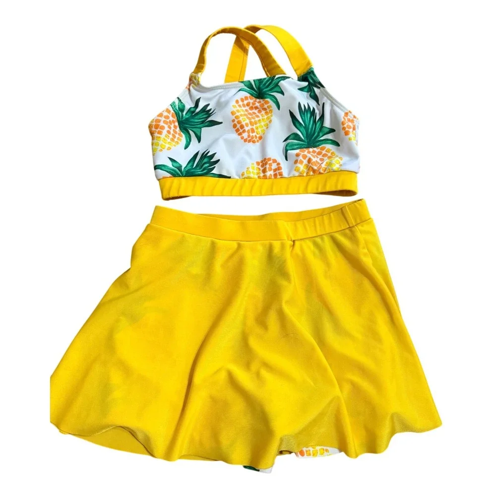 Girls Yellow Pineapple Print Two Piece Swim Skirt Set Size 9T Tropical Swimsuit